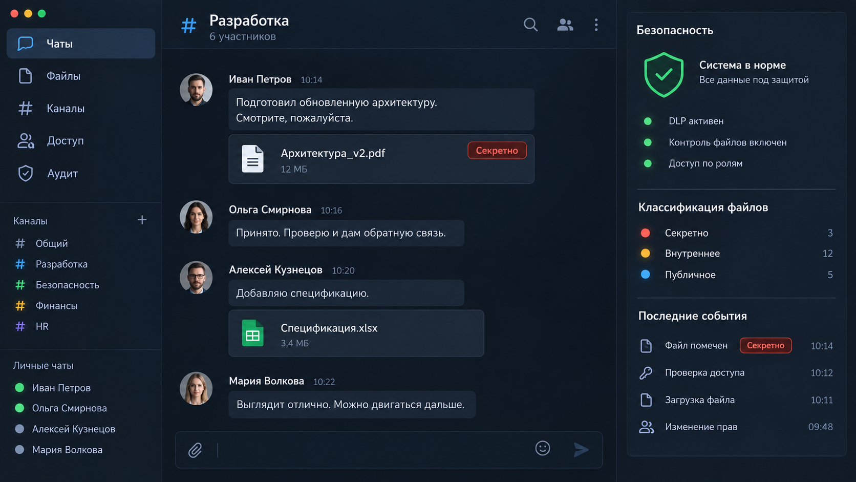 Корпоративный мессенджер с каналами, файлами, DLP и аудитом доступа